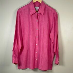 LIZ CLAIBORNE Pink Button Front 100% Linen Collared Relaxed Shirt LG Minimalist‎